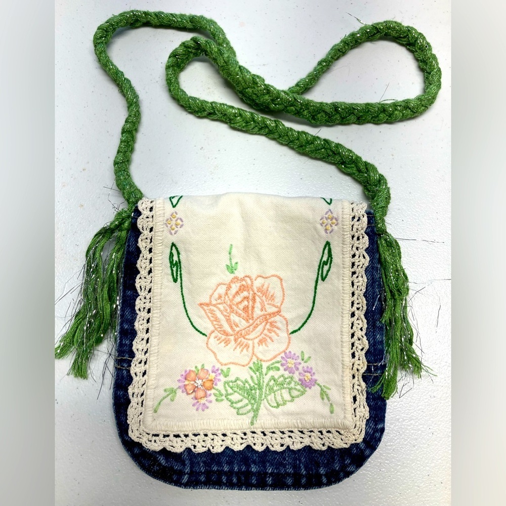 Handmade Upcycled Denim Crossbody Purse, Embroidered, Handstitched, Vintage